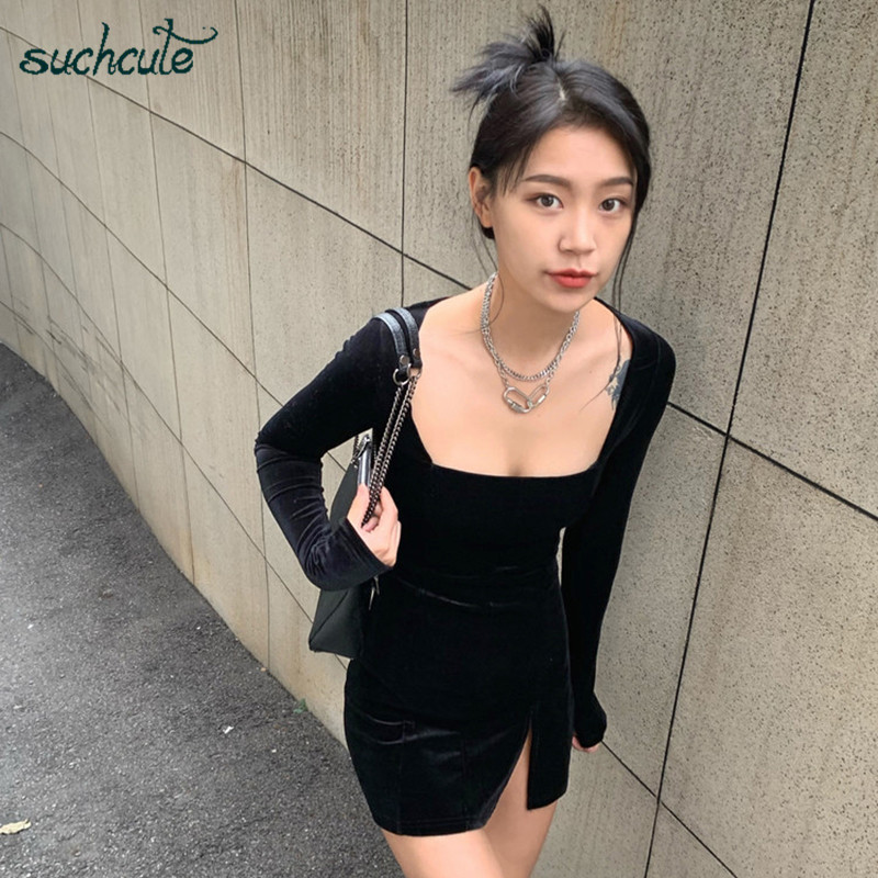 SUCHCUTE velvet women dress bodycon Modis soild Autumn Winter elegent split Femme Dresses party long sleeve gothic clothes 210409