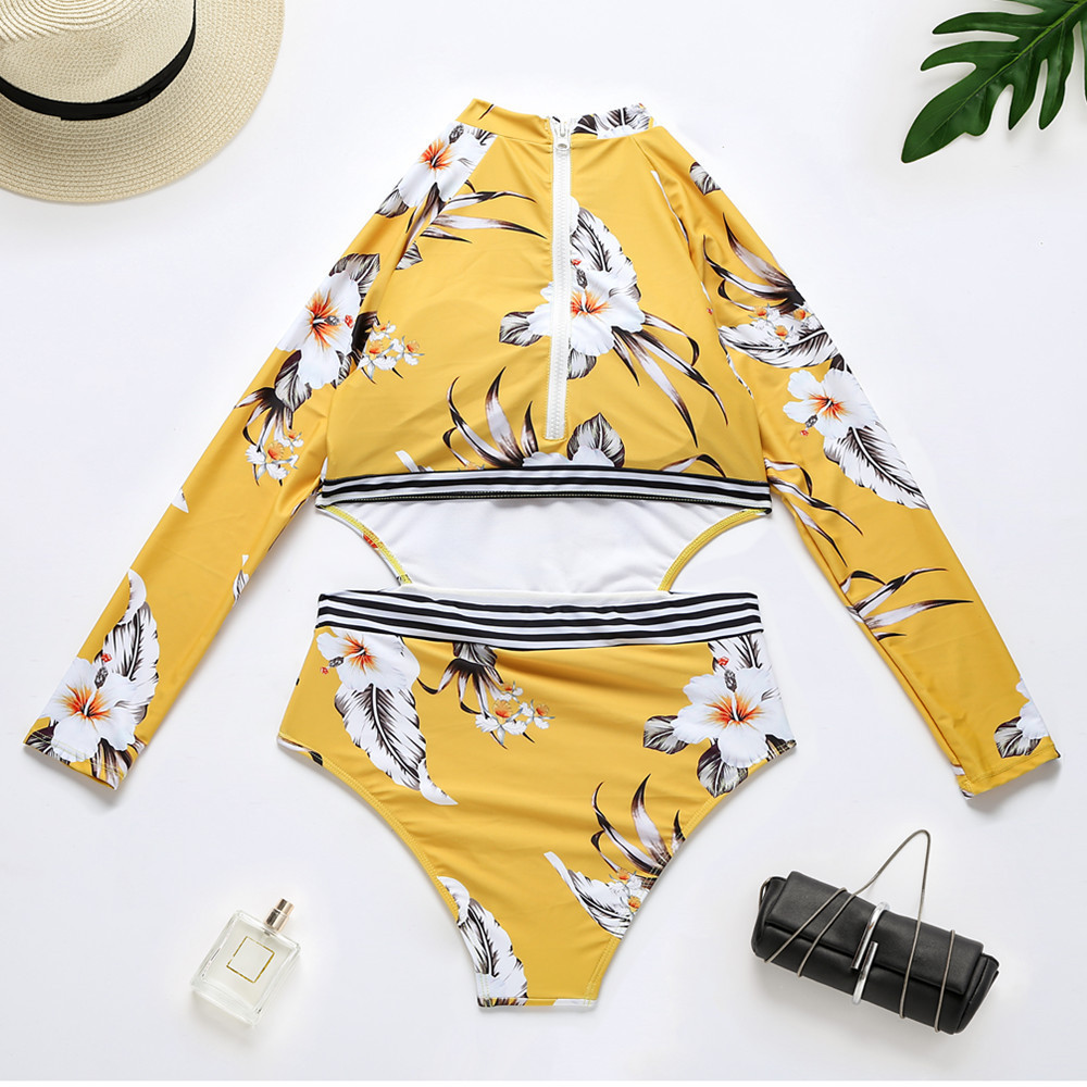 Swimsuit Sexy Long Sleeve Swimwear Women Print Bathing Suit Beach Wear Back Cut Swimming Suits Monokini 210520