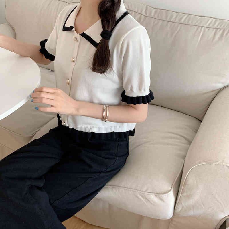 Summer Fashion Tops Women Elegant Vintage Thin Knitted T-shirt Korean Single-breasted Tshirt With Pockets Ropa Mujer 210513