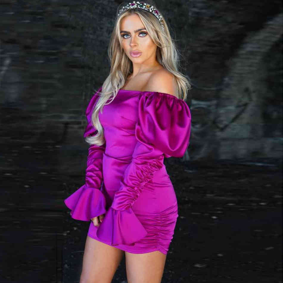 Fashion Party Dress Women's Rose Lantern Long Sleeve Night Club Sexy Bodycon Draped Shoulder Mini Vestidos 210524
