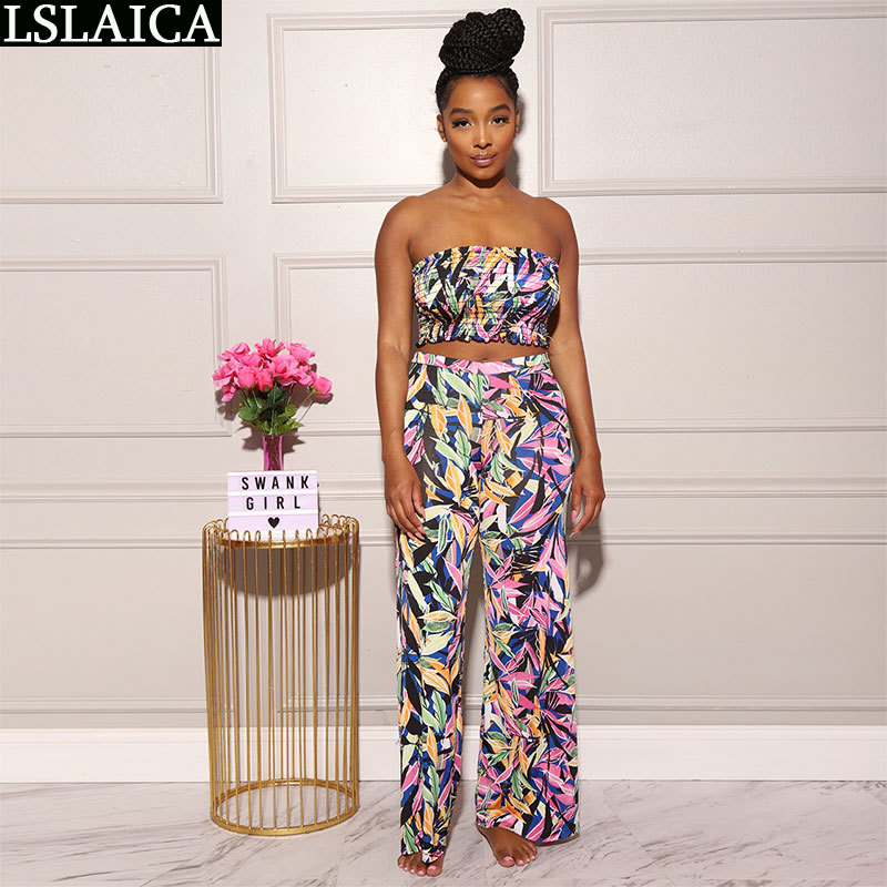 Summer Women's Sets Boho Print Cropped Tops Wide Leg Pants High Waist Slim Casual Holidays Matching Clothes For Women 210520