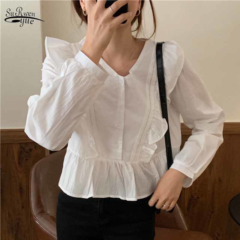 Korean Style Women Ruffle Stitching Long Sleeve Blouse Sweet and Cute V-neck Solid Button Shirt Blusas Mujer De Moda 11666 210508