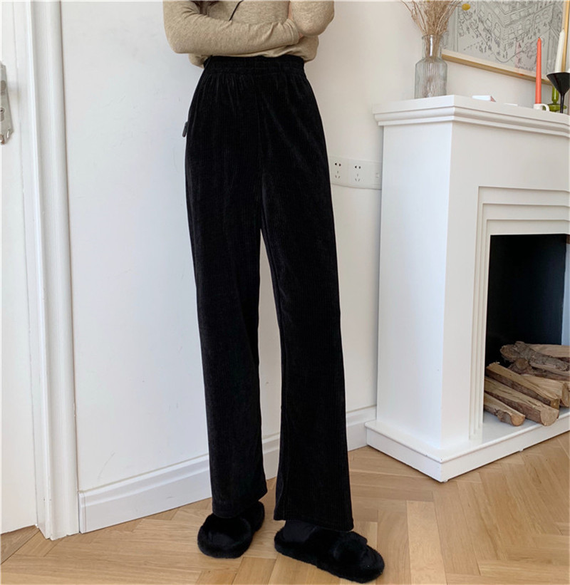 OL Elastic High Waist Wide Leg Corduroy Pants Women Fashion Autumn Winter Bottoms Thick Warm Casual Loose Trousers 210421