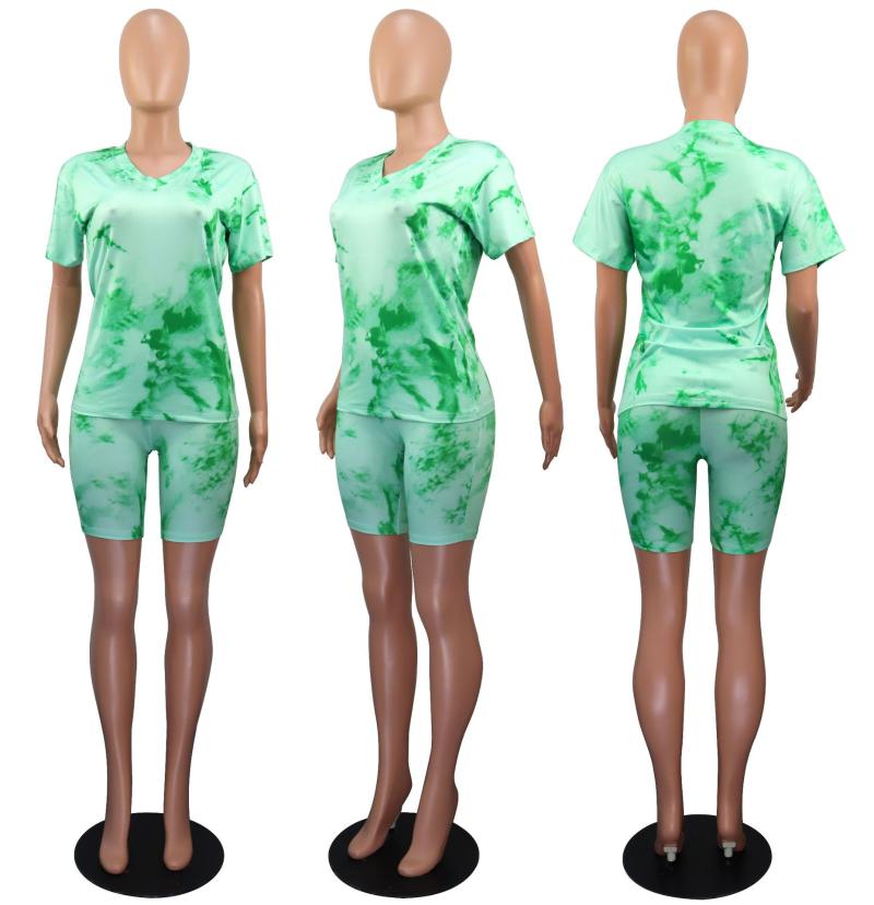 Zoctuo Women Tie Dye Club Two Piece Set V-Neck T-Shirt Shorts Pants 2021 Summer Fashion Short Sleeve Casual 2 Sets Women's Tracksuits