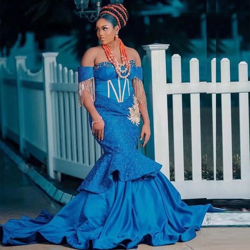 Aso Ebi Blue Style Tassel Beading Satin Mermaid Evening Dresses Off Shoulder Lace Tier Skirt Formal Wear Plus Size Africa Special Ocn Gown