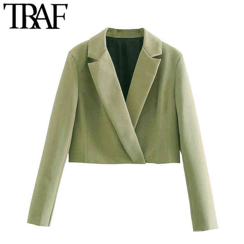 TRAF Women Fashion Hidden Breasted Cropped Blazer Coat Vintage Long Sleeve Female Outerwear Chic Veste Femme 211122