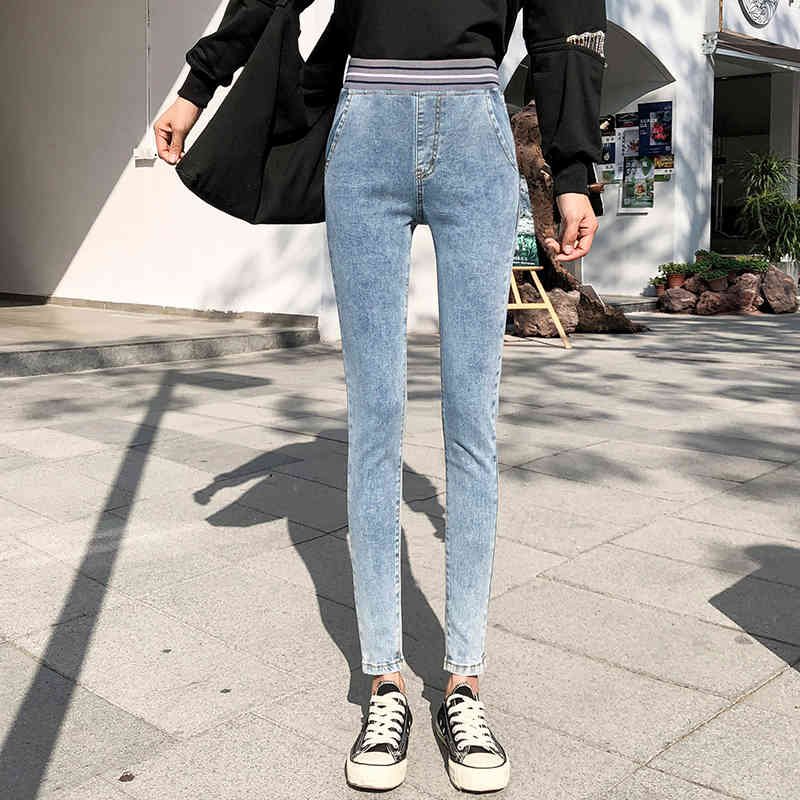 Vintage Blue Fashion Spring Jeans Women High Waist Tight Skinny Stretch Scratched Ladies Pencile Pants 8348 50 210417