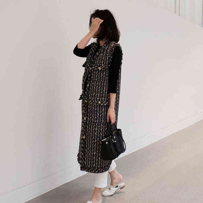 LANMREM v-neck black single-breasted elegant Tweed vest autumn plaid pattern Korean style all-match waistcoat for Women 2A986 211120