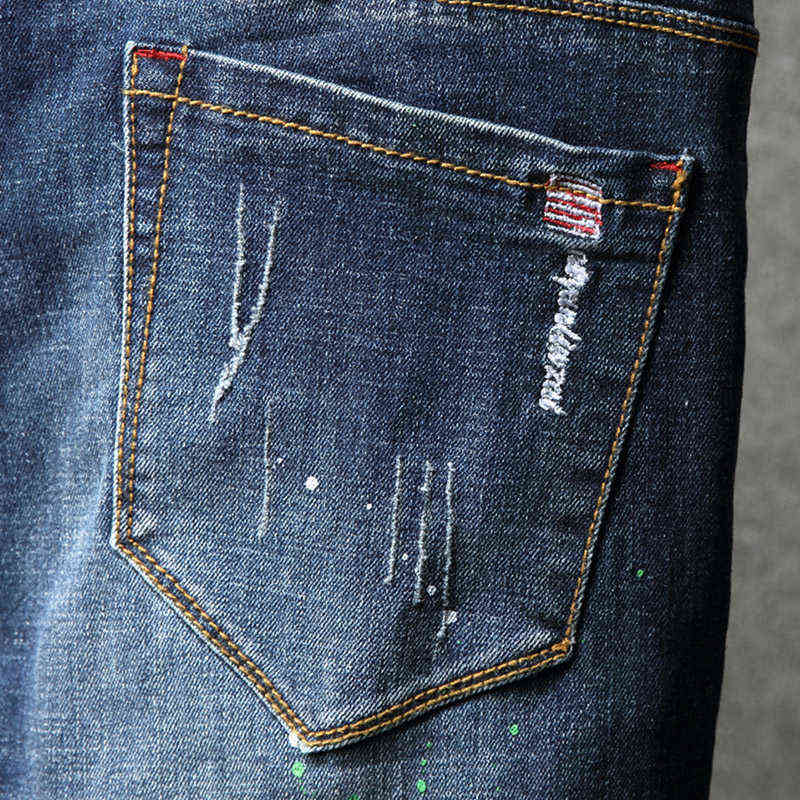 Men Hip Hop Ripped distressed Stretch Slim Fit Jeans Trousers streetwear man holes Ink printed Casual beggar Denim pants 211111