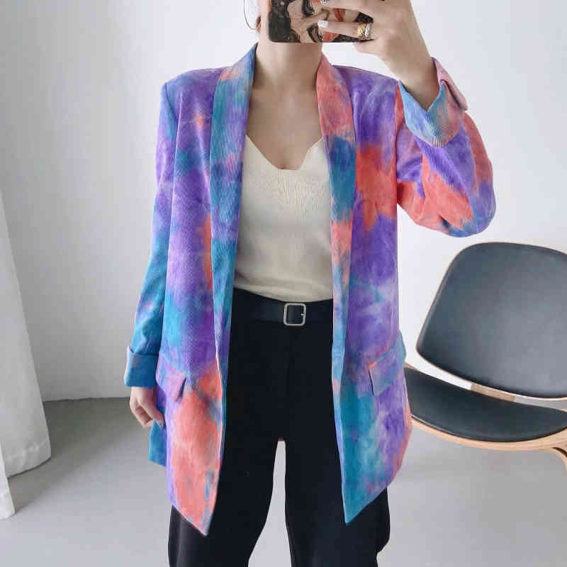 Wonder Vintage Women Tie Dye Blazers Elegant Patchwork Long Blazer Jacket Casual Female Chic Outwears 210510