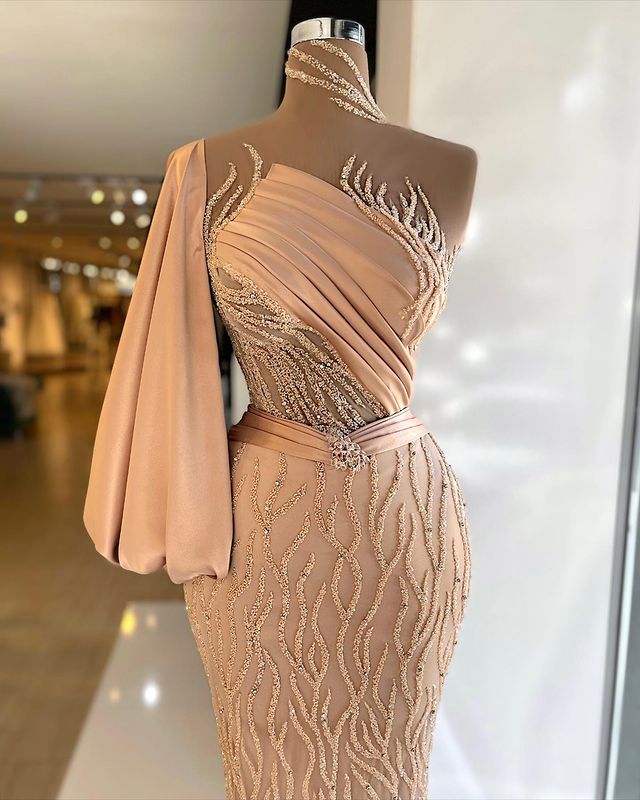 2022 Plus Size Arabic Aso Ebi Champagne Luxurious Mermaid Prom Dresses High Neck Beaded Evening Formal Party Second Reception Gowns Dress ZJ636