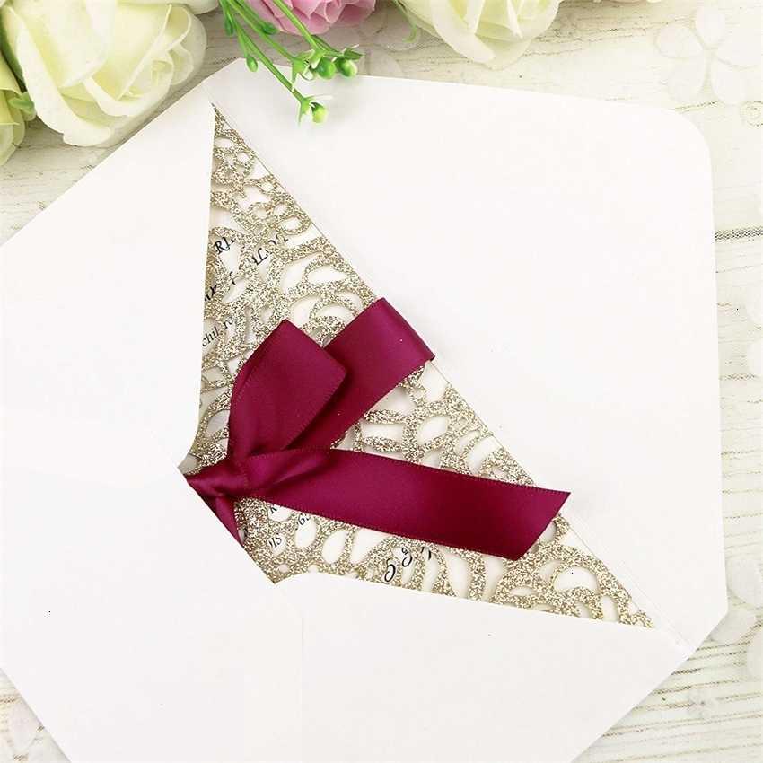 2021 Hot Invitation Cut Gold Laser Cards Glitter Sale With Burgundy Ribbons For Wedding Bridal Shower Engagement Birthday Gra