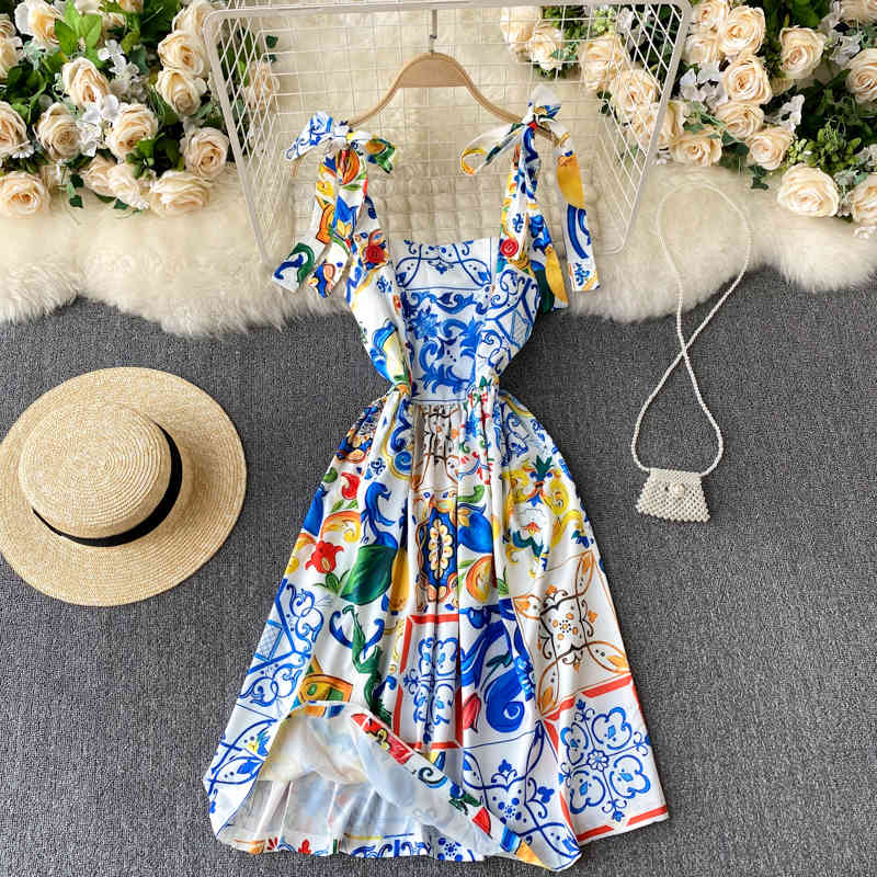 Fashion Runway Summer Dress New Women's Bow Spaghetti Strap Backless Blue and White Porcelain Floral Print Long Dress 210409
