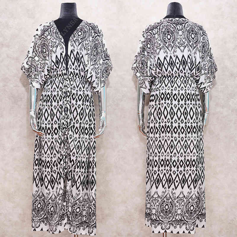 Sexy Bikini Cover-ups Cotton Tunic Boho Printed Summer Beach Dress Elegant Women Plus Size Wear Swim Suit Cover Up Q1114 210420