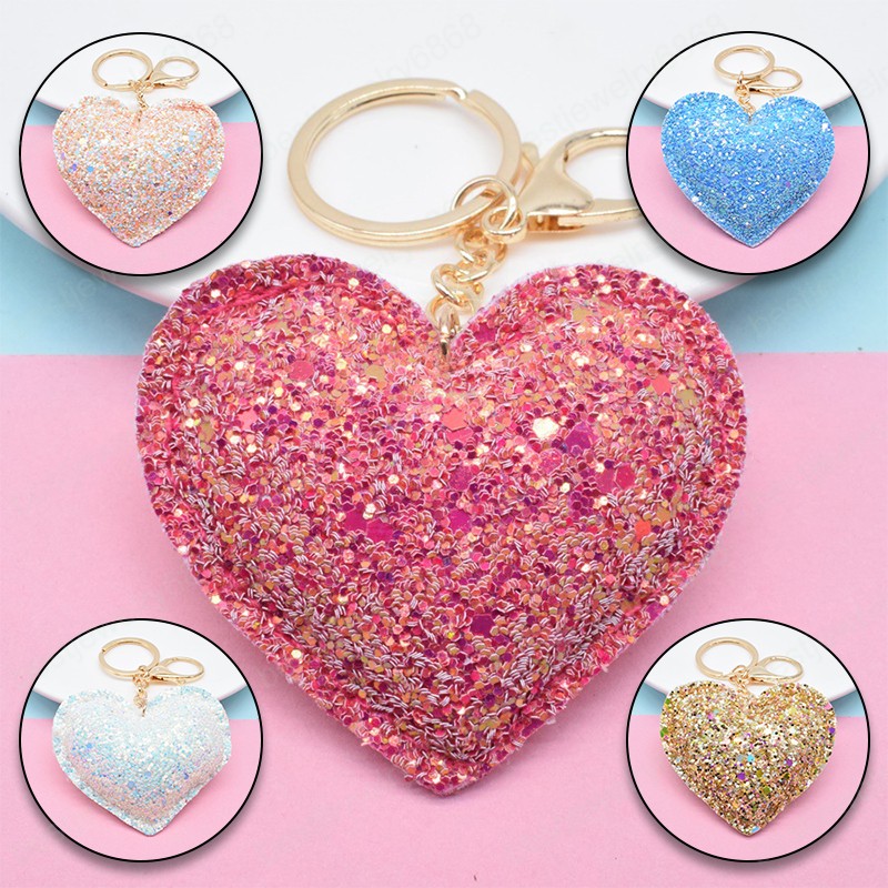 Sweet Glitter Love Keychain Flashing Sequin Key Chain for Women Backpack Pendant Key Ring Trinkets Handbag Ornament