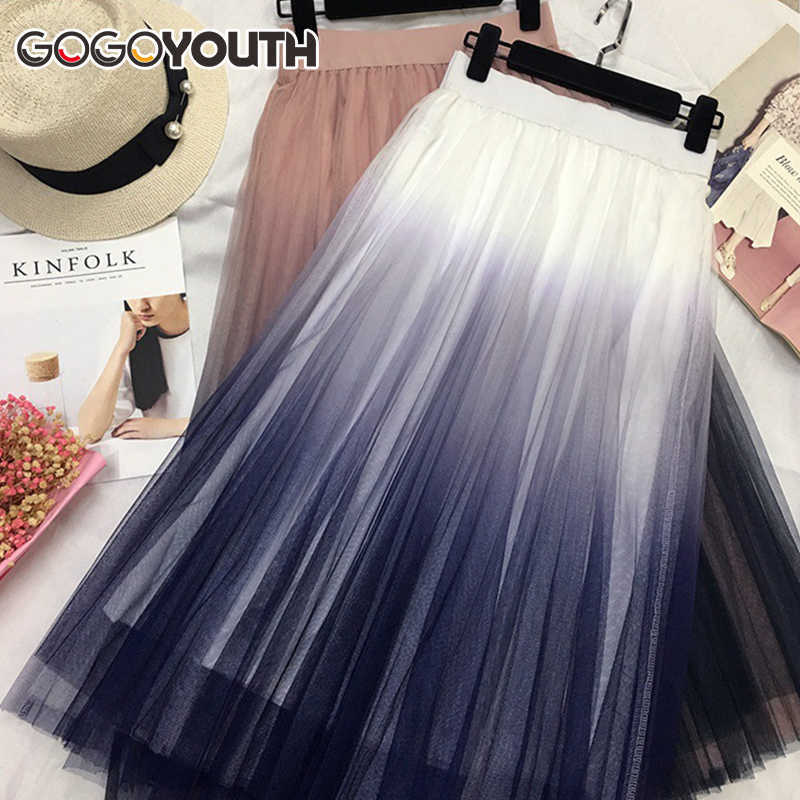 Surmiitro Long Tulle Skirt Women Spring Summer Gradient Korean Elegant High Waist A-line Pleated School Midi Female 210619