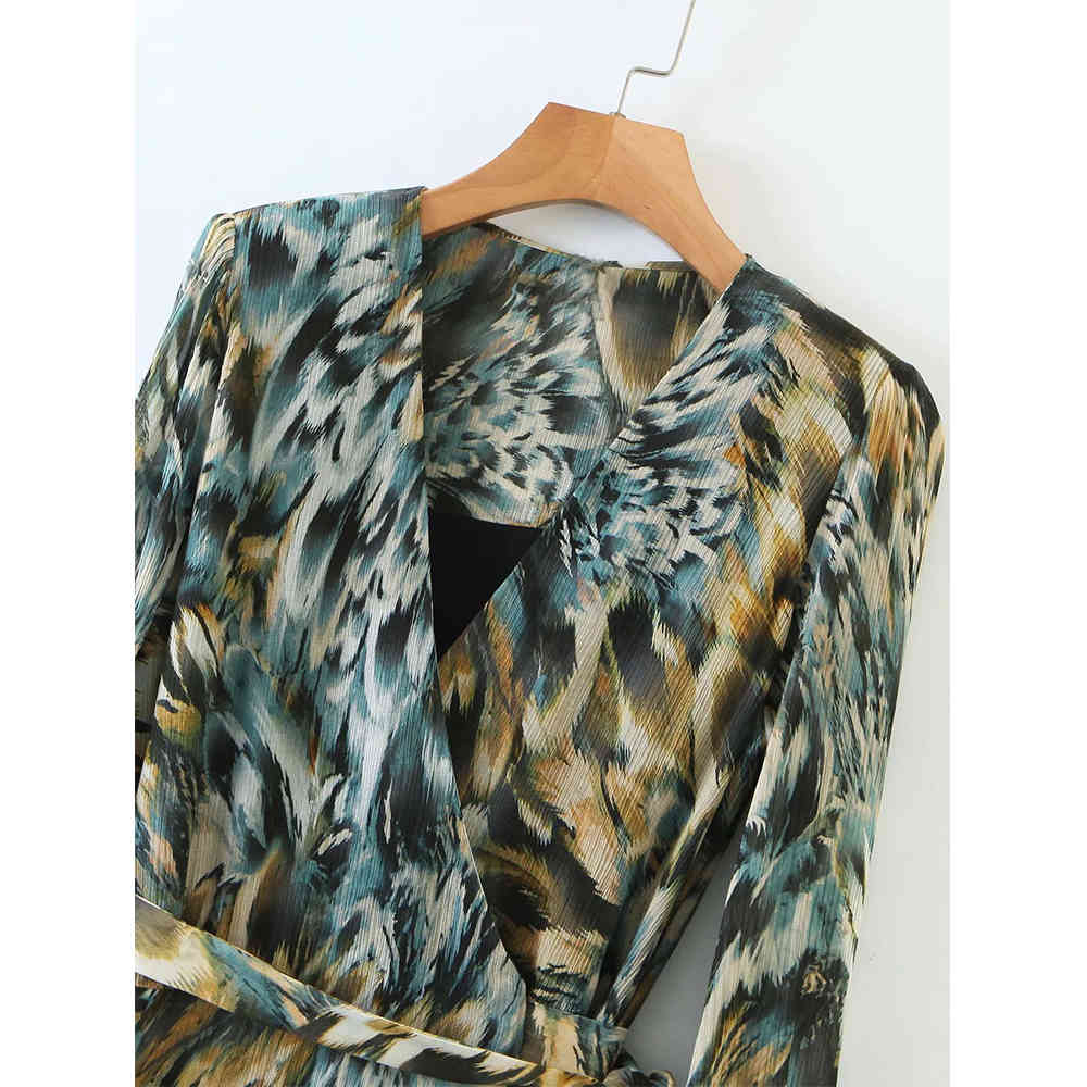 New Women Dress Tie-dye Printed Crossover V-neck sashes Long Sleeves Dress elegant Femme Robe Ropa Mujer Vestidos 210409