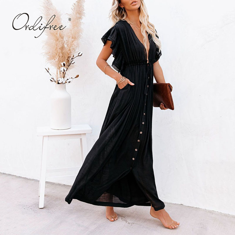 Women White Maxi Backless Deep V Neck Ruffle Single Breasted Belted Sexy Summer Long Vacation Beach Dress 210415