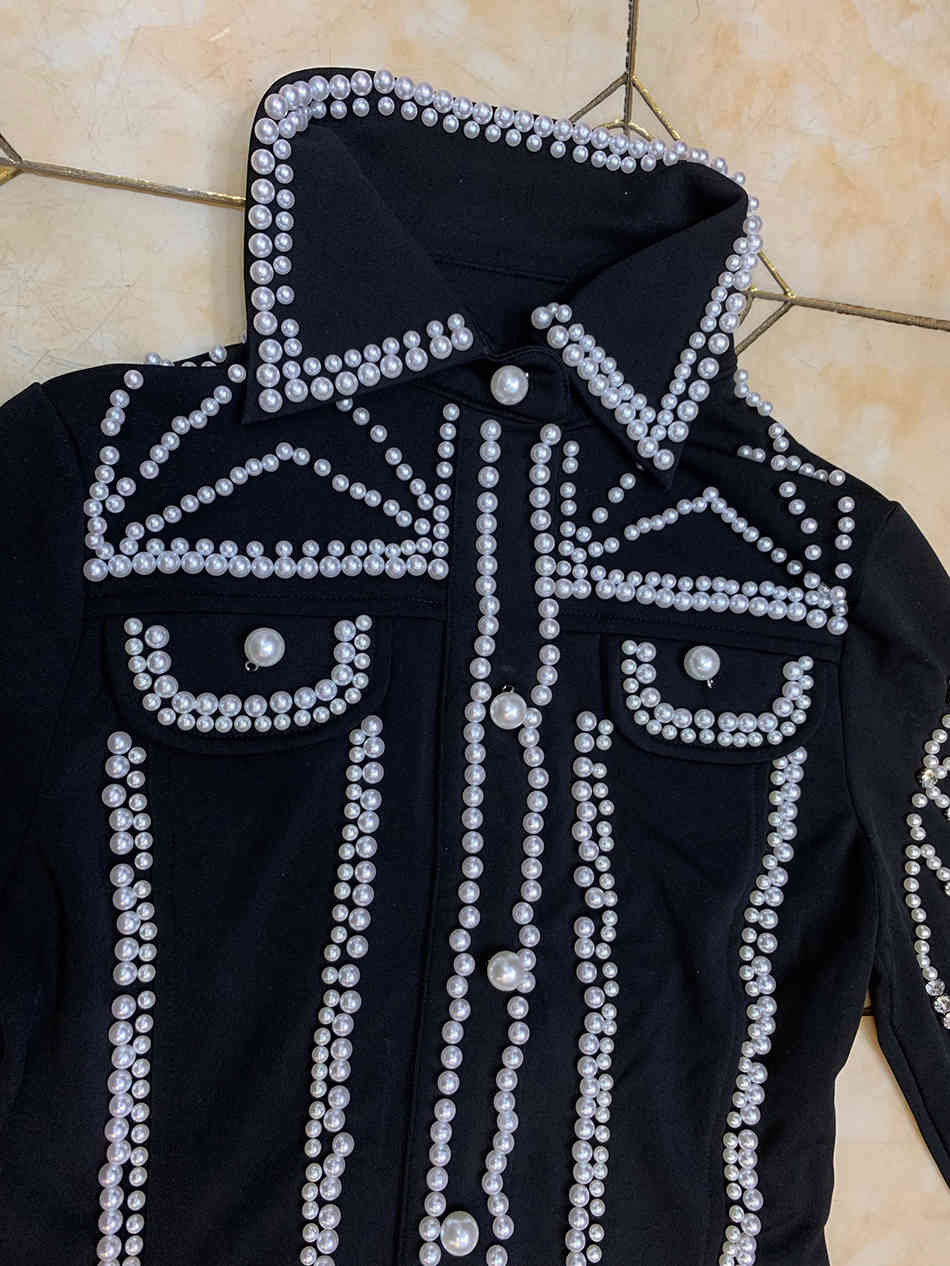 Free Women's Black Bandage Dress Set Elegant Lapel Long Sleeve Pearl Beaded Jacket & Tight Skirt Two-piece 210524