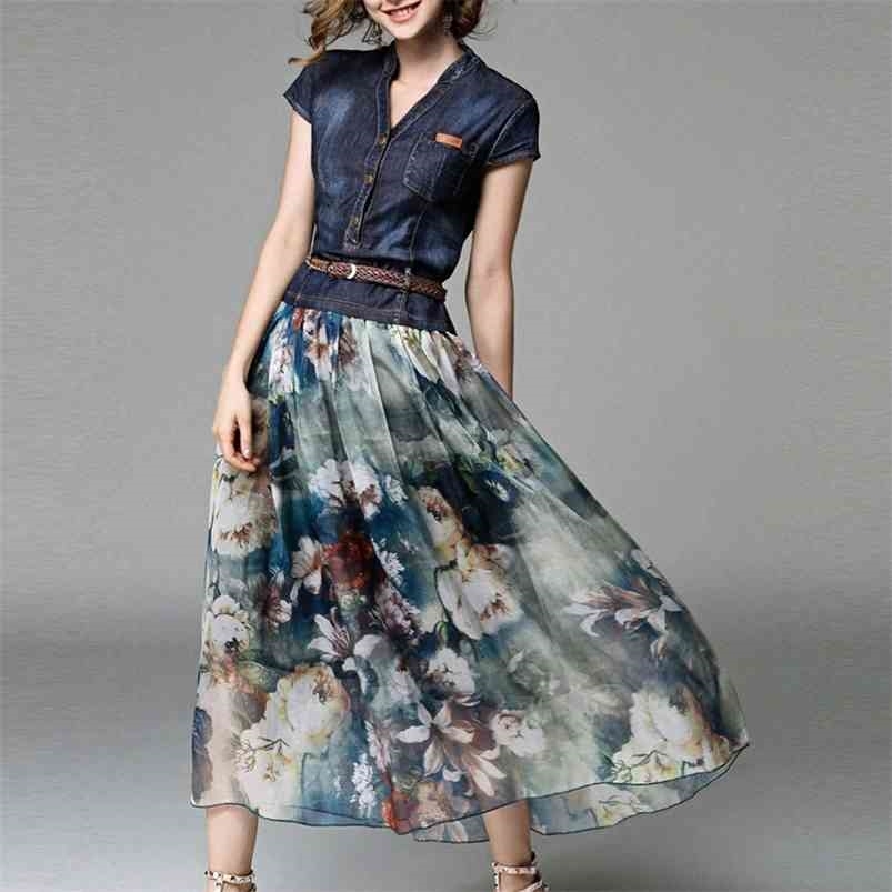 Denim Dress Long Women's Casual Chiffon Patchwork Floral Print Summer Female Maxi Dresses With Belt Japan Fashion Style 210701, Blue
Denim Dress Long Women's Casual Chiffon Patchwork Floral Print Summer Female Maxi Dresses With Belt Japan Fashion Style 210701, Blue