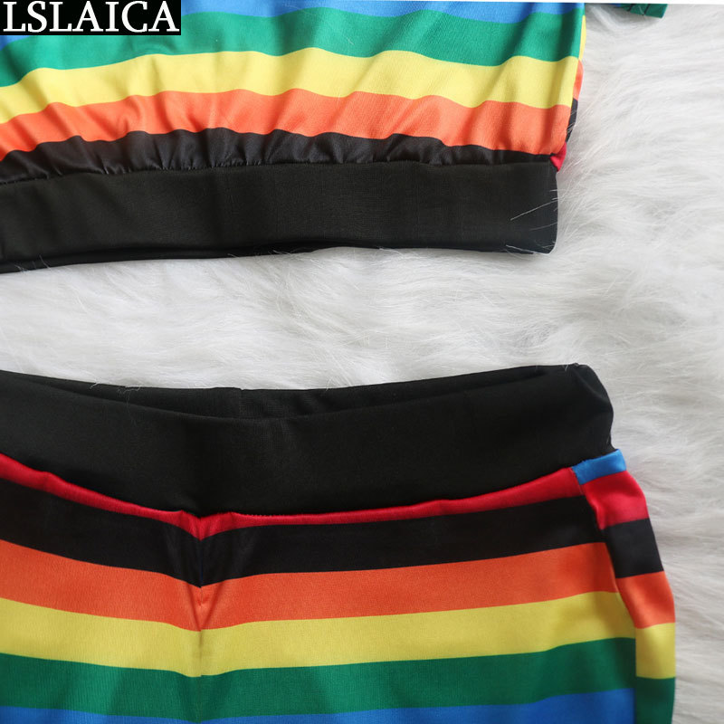Fashion two piece set women short tops&shorts colorful rainbow striped print outfits casual elegant sets 210515