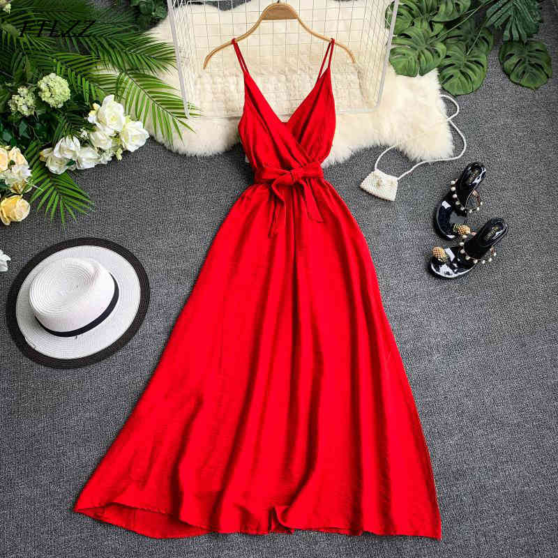 Summer Sexy A Line Spaghetti Strap Dress Solid V-neck Sleeveless Tie Up High Waist Lady Party Dress 210521
