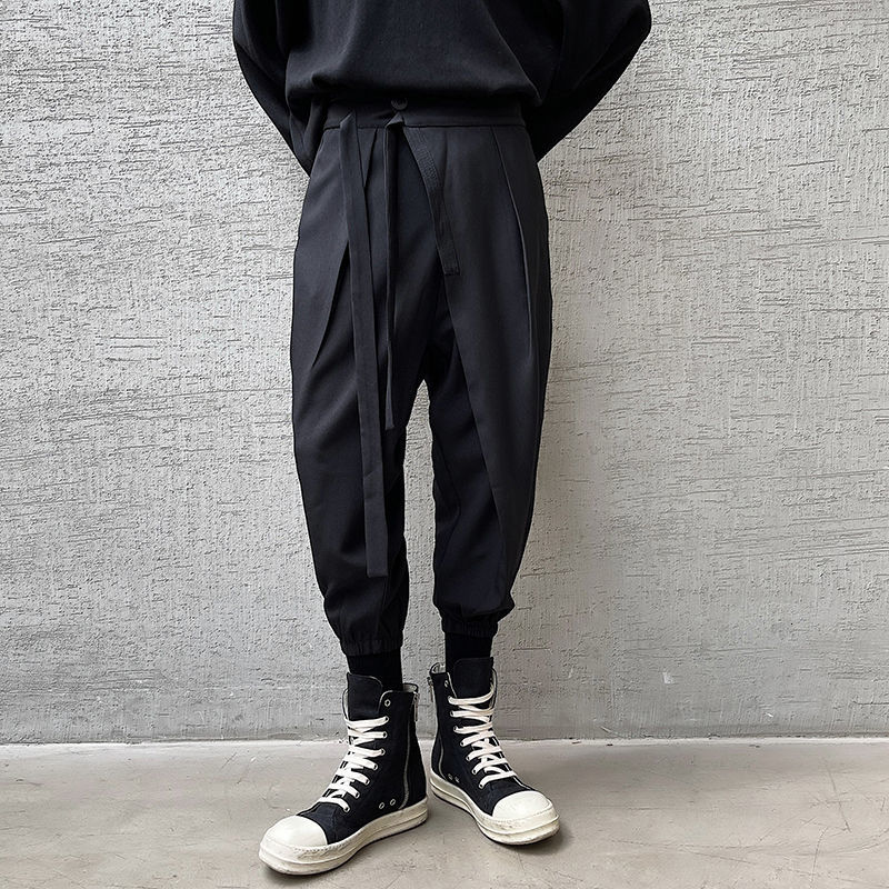 IEFB Men's Causal Black Trousers Irregular Side Bandage Blackcasual Pants For Male Spring Summer Turnup Pants 9Y6696 210524