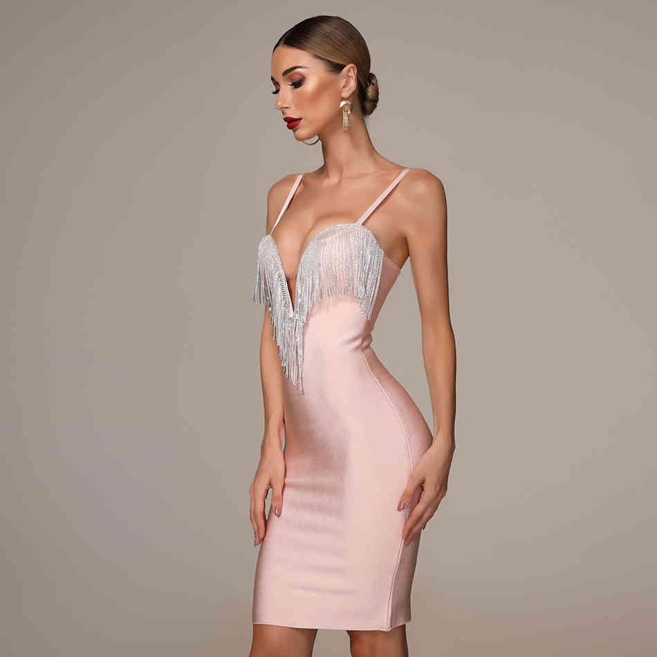 Summer New Women's Fashion Sexy Bandage Dress Blue White Pink Black Spaghetti V-neck Tassel Party Christmas Dress 210409