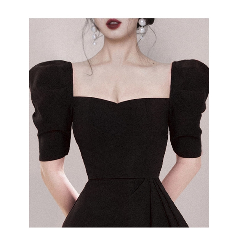 Sexy Asymmetry Women Puffed Sleeves Dress Square Neck Slim Waist Party Dresses Summer Vintage Elegant 210520