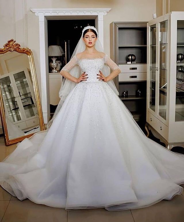 2021 Plus Size Arabic Aso Ebi Luxurious Beaded Pearls Wedding Gowns Sheer Neck Long Sleeves A-line Tulle Bridal Dresses ZJ694
