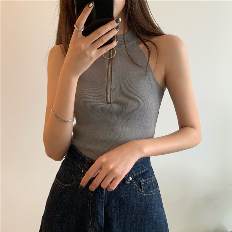 Comelsexy Korean Vintage Camis Basic Solid Slim Chic Sexy Zipper Casual Female Sleeveless Women All Match Tank Tops 210515