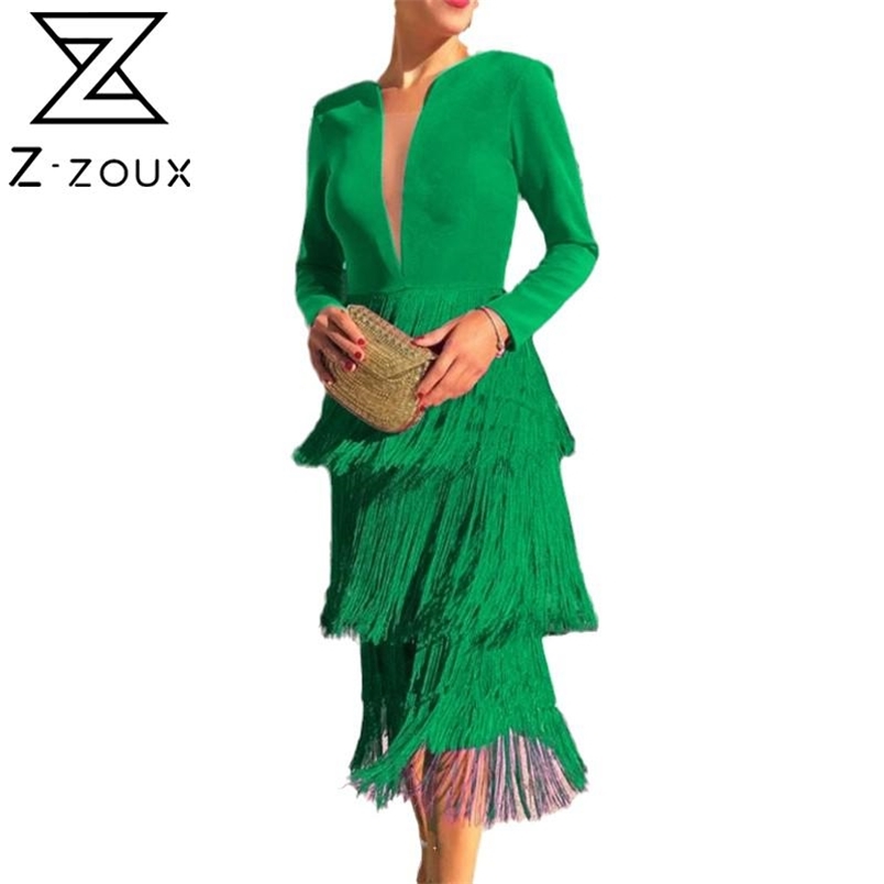 Women Dress Deep V Neck Long Sleeve es Temperament Tassel Spliced Party Sexy Plus Size Ladies es 210513
