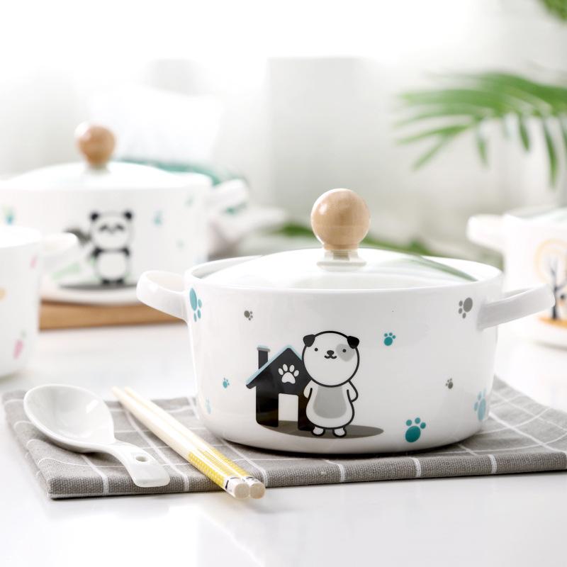 Cartoon Ceramic Instant Noodle Bowl Cup Large Cover Student Cutlery Household Lunch Box Cute Dormitory Bowls