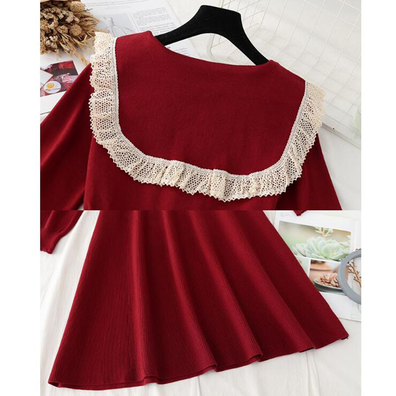 Elegant Women Red Knitted Dress Spring Autumn Doll collar Solid Long Sleeve Sweater Vestidos Office Lady Midi Dress 210521