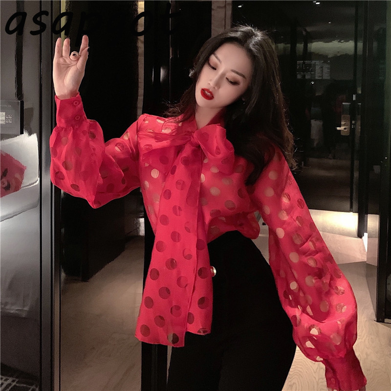 Transparent Retro Blouse Lantern Sleeve Red Polka Dot Bow Shirts Long Top Chic High StreetWear Loose Fashion Blusas 210429