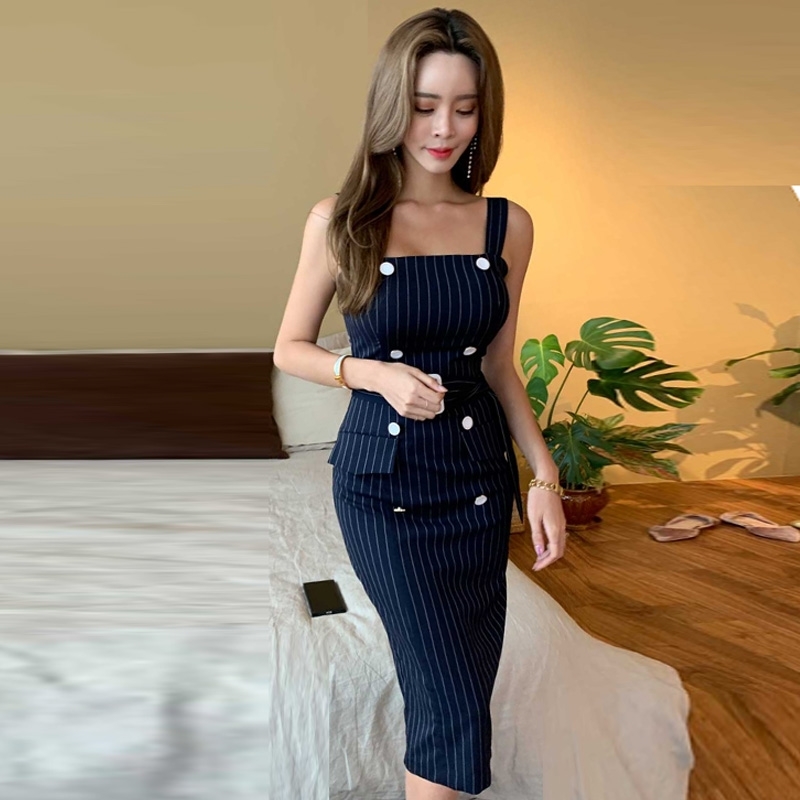 Women Knee-Length Summer Dresses Sexy Backless Bodycon Sleeveless Double Breasted Korea Dress Vestidos 210520