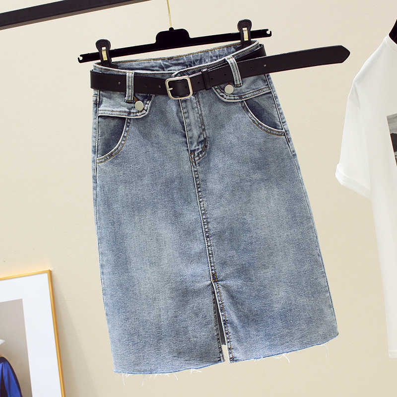 Fitaylor Summer Spring Women Solid Denim Skirt Casual High Waist A-line with Belt Slim Medium Length 210619