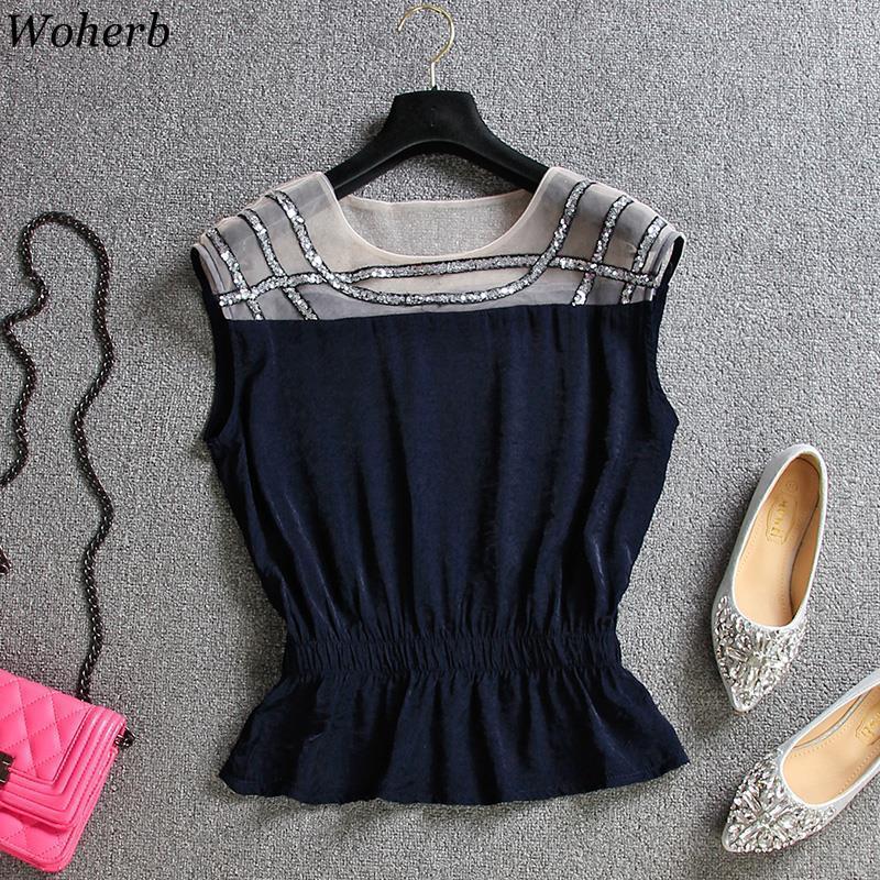 Summer Sequined Patchwork Chiffon Blouse Women Sleeveless Mesh See Through Top Slim Waist Casual Shirt Ruffle Blouses 210519