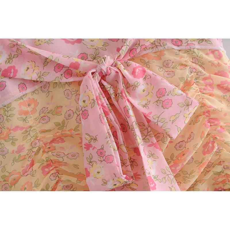 France Short Puff Sleeve Floral Print Hit Color Dress Retro Women Pleated Ruffle Tie Bow Sashes Mini Dresses Holiday 210429