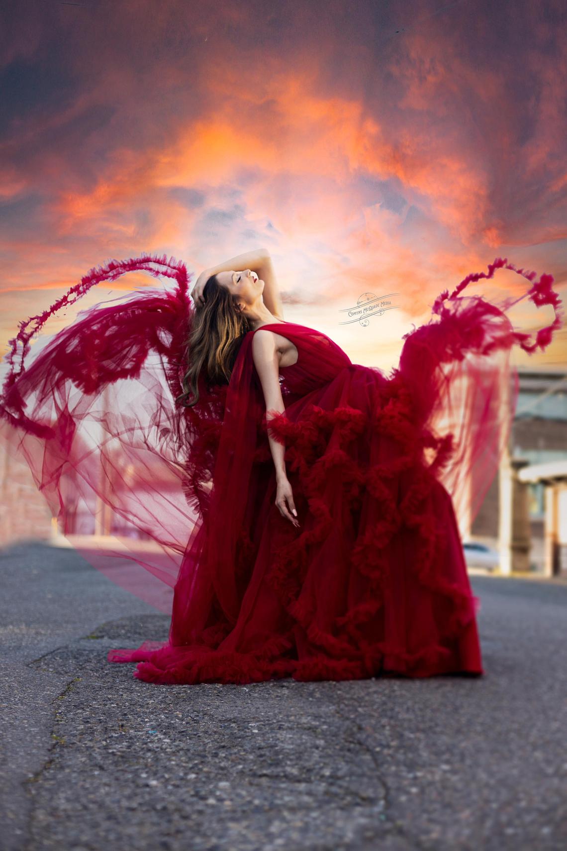 Ruffles Red Kimono Women Dresses Robe for Photoshoot Extra Puffy Sleeves Prom Gowns African Cape Cloak Maternity Dress Photography