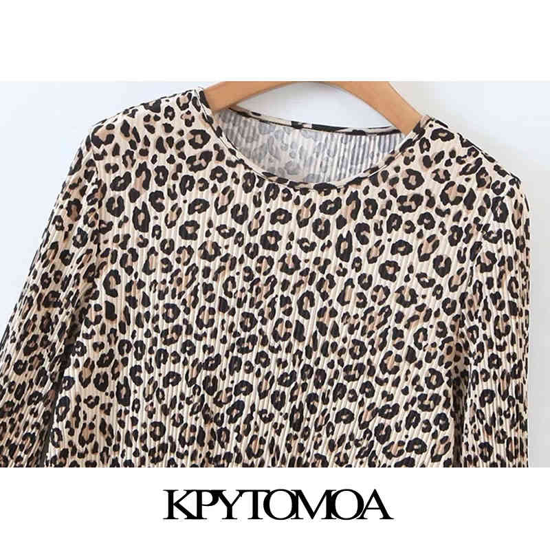 Women Chic Fashion Leopard Print Pleated Mini Dress O Neck Long Sleeve Female Dresses Vestidos Mujer 210420