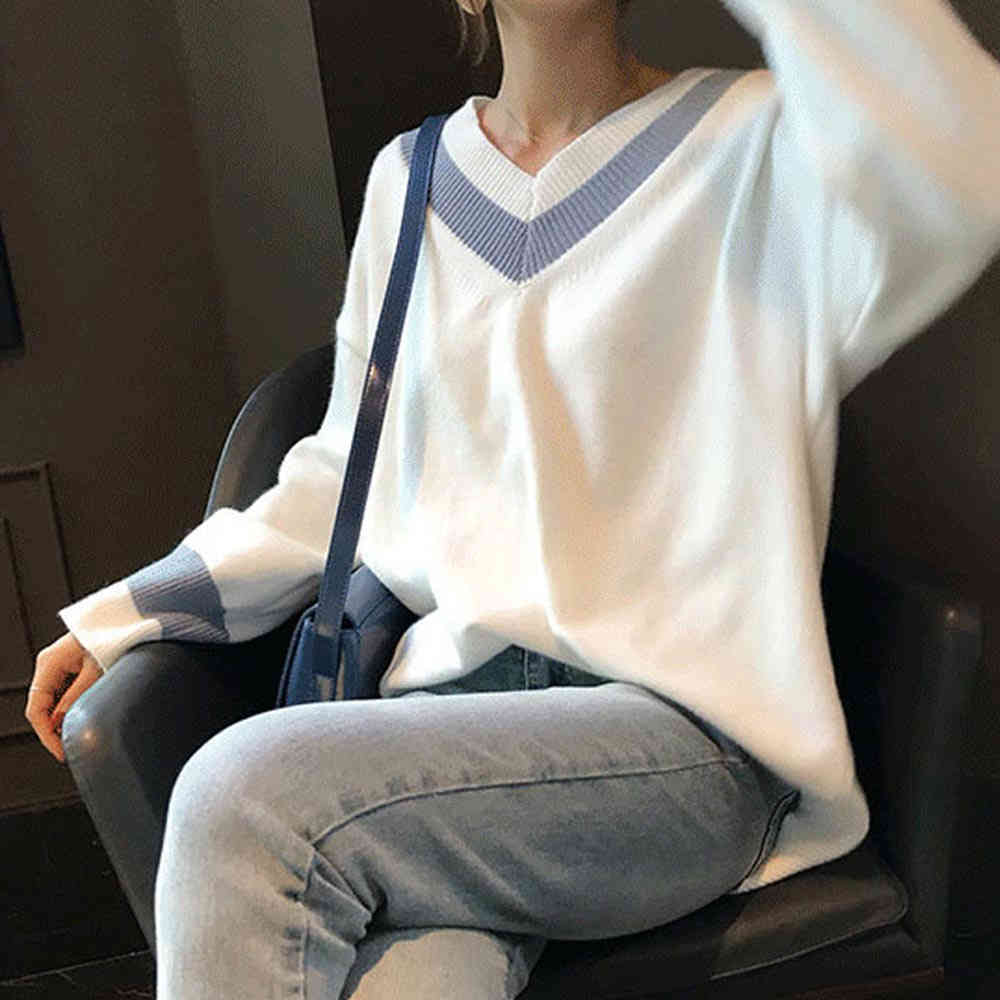Autumn Winter Women's Sweaters Black White Pullover Korean Style Minimalist Casual Office Lady V Neck 210428