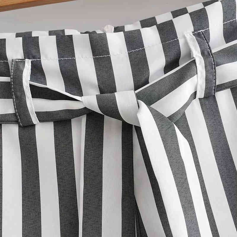 Women Fashion Striped Print Gray White Short Pants Female Casual High Waist Bow Belt s Beach Streetwear Trousers 210421