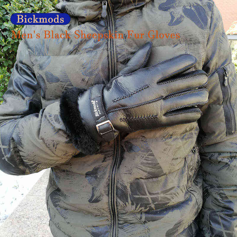 Sheepskin Fur Gloves Men's Thick Winter Warm Large Size Outdoor Windproof Cold Hand Stitching Sewn Leather Finger Gloves 211224