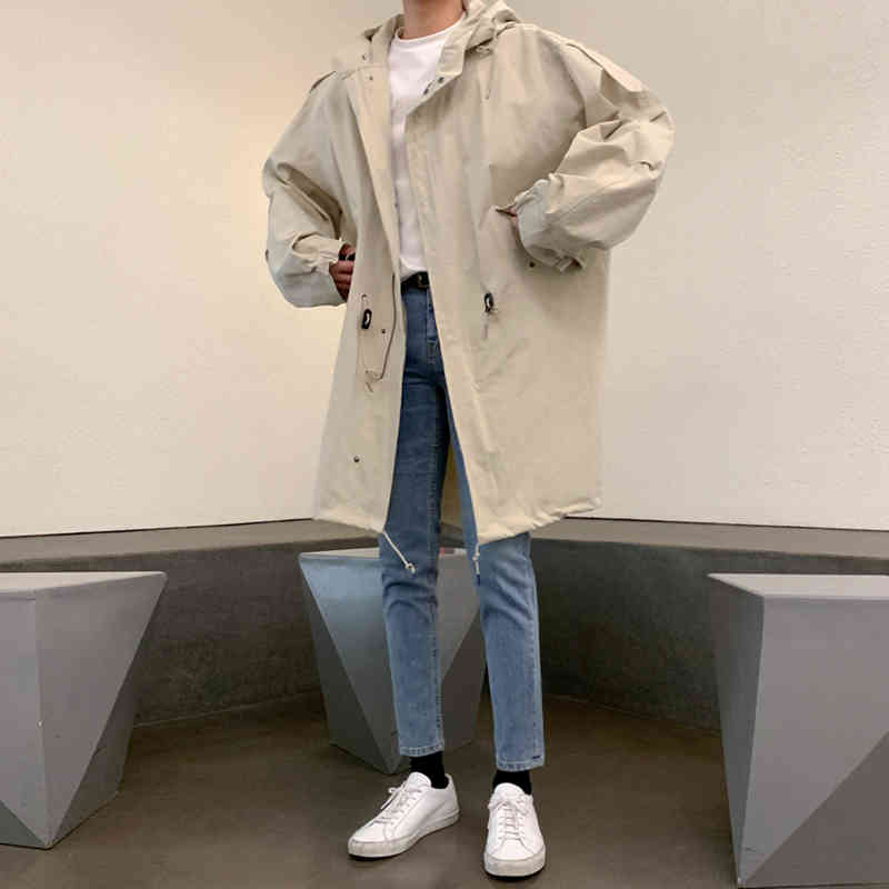 IEFB Hooded Loose Big Size Clothes Men's Mid Length Korean Fashion Cool Loose Casual Autumn Work Coat Drawstring Jacket 9Y4517 210524
