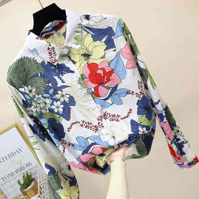 Spring Autumn Fashion Women Long Sleeve Shirts Plus Size Turn-down Collar Vintage Print Loose Casual Shirt Female Blouses D508 210512