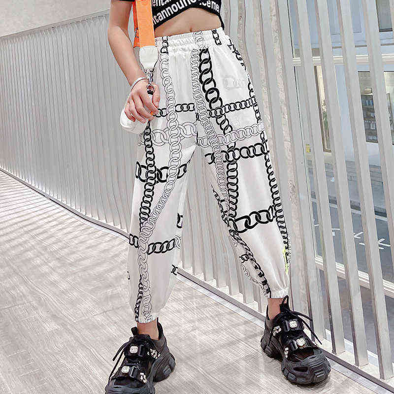 Pants For Girls Casual Style Girl Chain Print Kids Fashion Summer Ankle Trousers 4 5 7 8 9 10 11 13 Years Teenage Clothes 211103