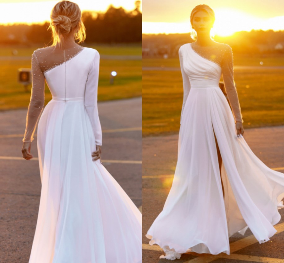 Sexy Boho White Ivory Wedding Dress 2021 Long Sleeves O Neck Beading A Line Chiffon Bride Gown Slit Bridal Dresses