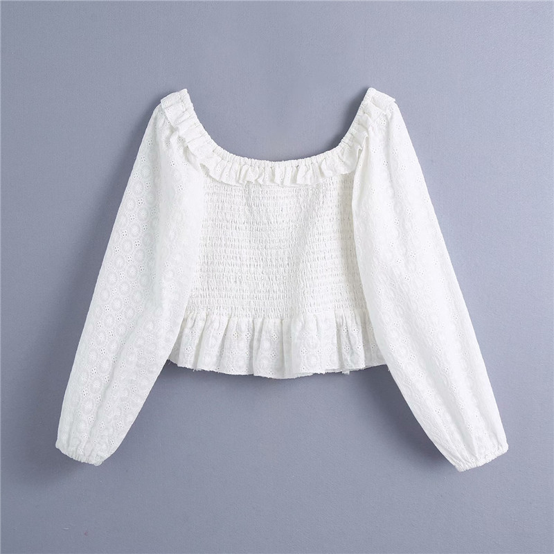 Sweet Women Solid Elastic Short Shirts Fashion Ladies Ruffles Square Collar Blouses Elegant Female Hollow Out Shirt 210430