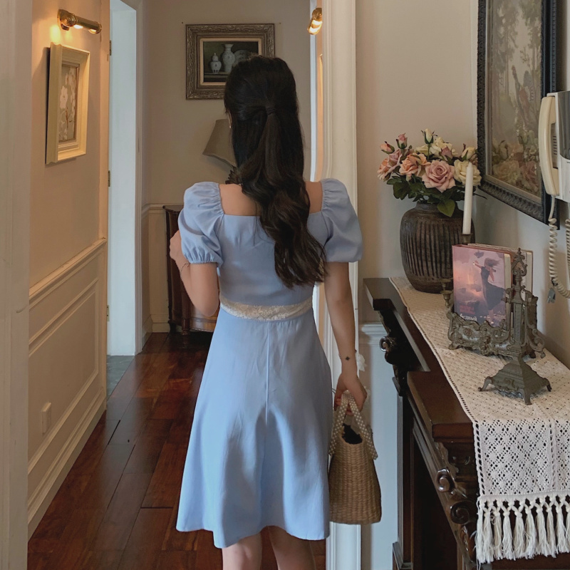 Puff Sleeve High Waist Retro Dress Women's Square Collar A-line Midi Korean Style Summer Elegant Female Clothes 210519